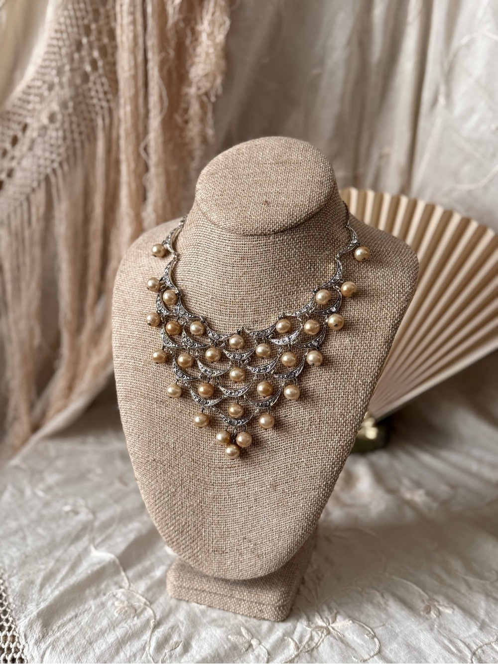 Vintage unique Gold Pearl Statement cascading silver tone bib Necklace choker